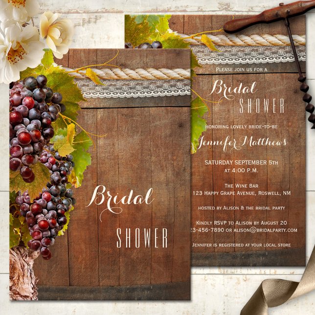 Invitación a ducha de novia con temática de vino r (A wine themed bridal shower invitation featuring vines with grapes, rope and lace on rustic wood)
