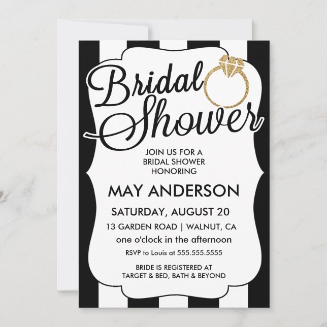 Invitación a ducha de novia con tiras de Purpurina (Anverso)