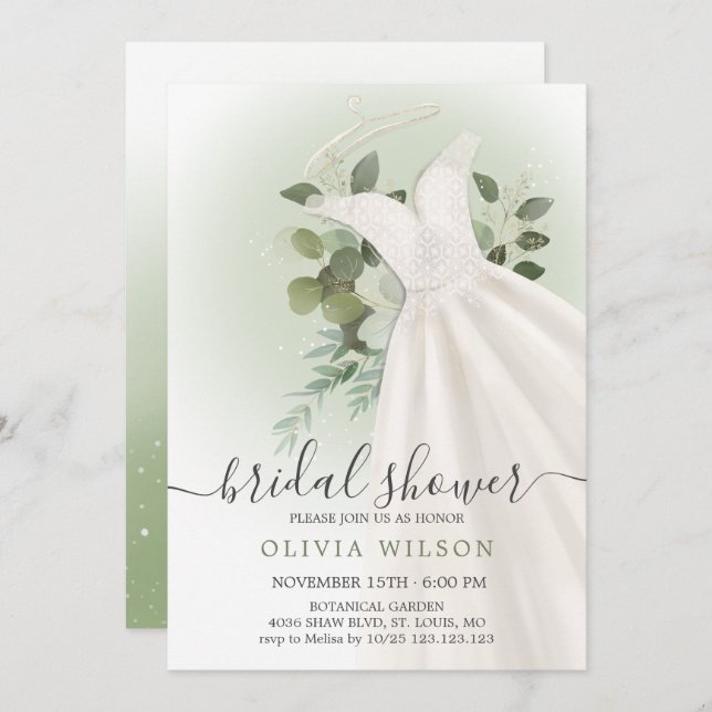 Invitación a ducha de novia con vestido de Boda de (Anverso / Reverso)