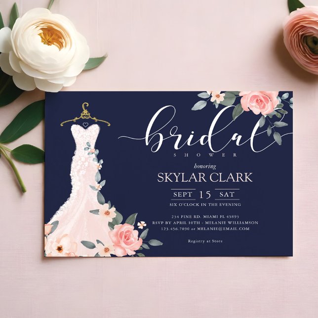 Invitación a ducha de novia con vestimenta de Boda (Floral Wedding Dress Navy Bridal Shower Invitation)