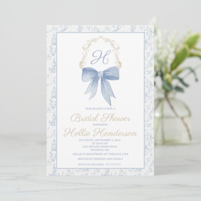 Invitación a ducha de novia Damasco azul y oro (Anverso de pie)