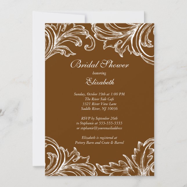 Invitación a ducha de novia Damasco vintage Marrón (Anverso)