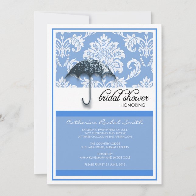 Invitación a ducha de novia Damask en azul (Anverso)