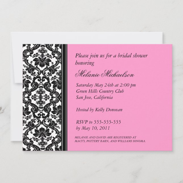 Invitación a ducha de novia Damask en negro y rosa (Anverso)