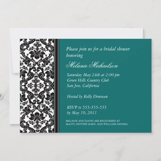 Invitación a ducha de novia Damask Verde azulada y (Anverso)