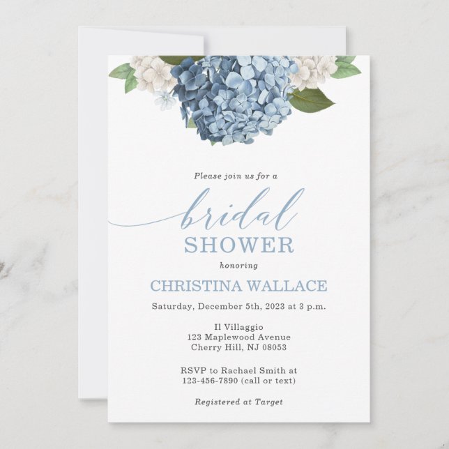 Invitación a ducha de novia de Blue Hydrangea (Anverso)