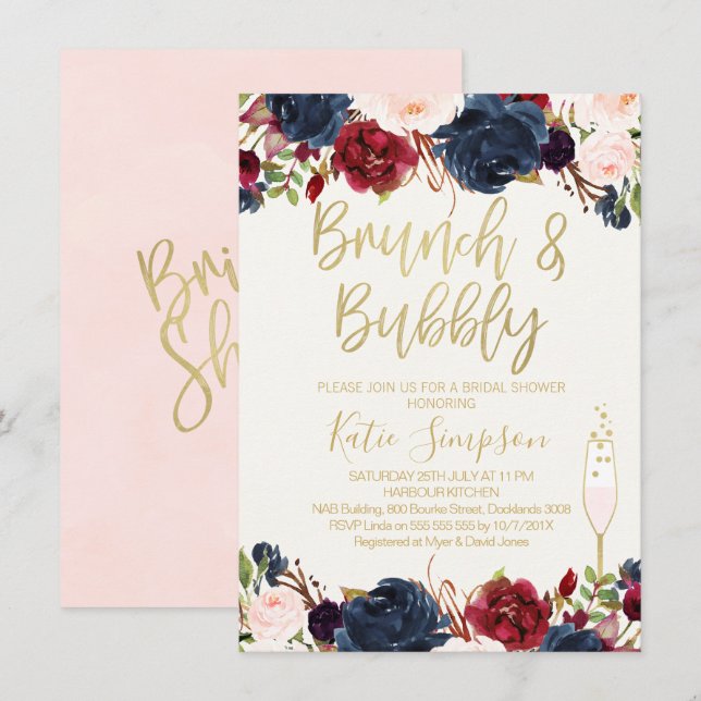 Invitación a ducha de novia de Blue Maroon Floral  (Anverso / Reverso)