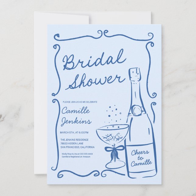 Invitación a ducha de novia de brunch azul con cha (Anverso)