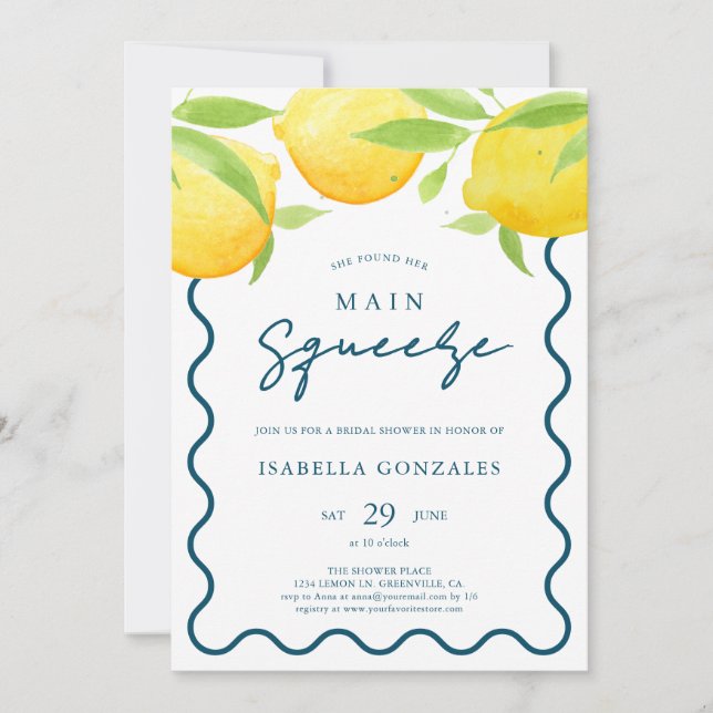Invitación a ducha de novia de color amarillo limó (Anverso)