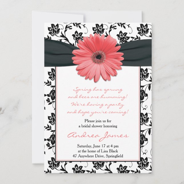 Invitación a ducha de novia de Coral Black Gerbera (Anverso)
