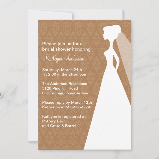 Invitación a ducha de novia de damasco marrón (Anverso)