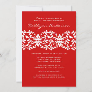 Invitación a ducha de novia de Damasco rojo y blan