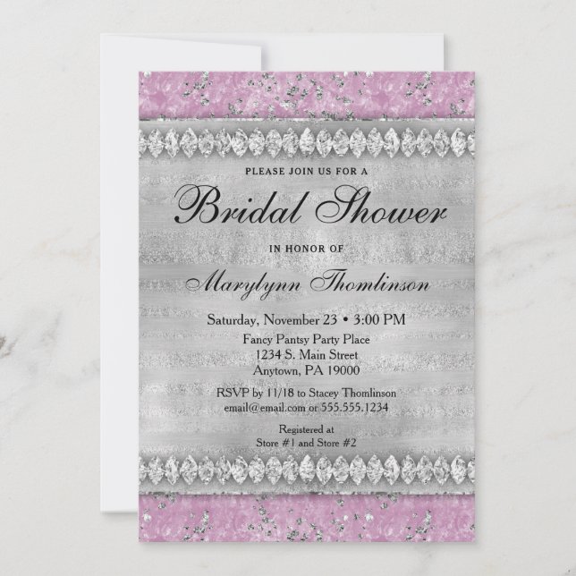 Invitación a ducha de novia de diamantes rosas pla (Anverso)
