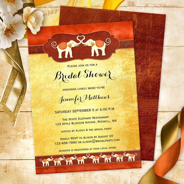 Invitación a ducha de novia de elefantes blancos i (Elegant Indian bridal shower invitation featuring two ivory colored elephants in love, with tribe)