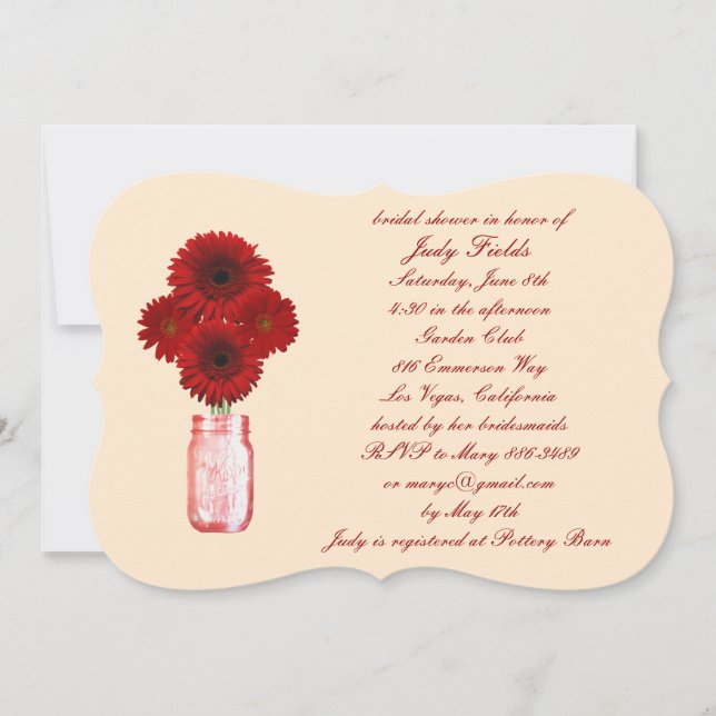 Invitación a ducha de novia de flores rojas Mason  (Anverso)