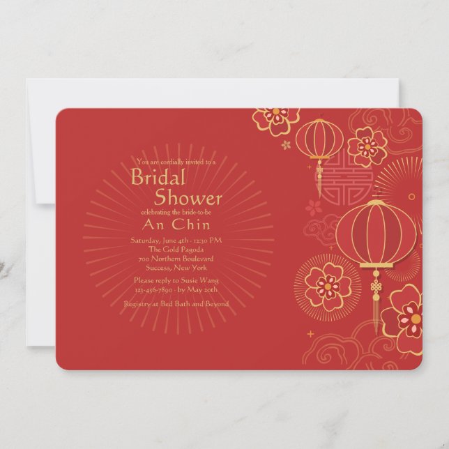Invitación a ducha de novia de fondo chino (Anverso)