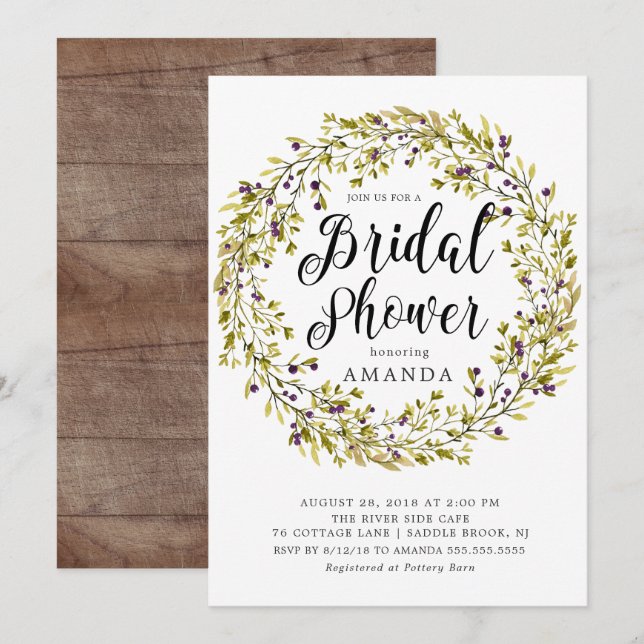 Invitación a ducha de novia de guirnaldas de oliva (Anverso / Reverso)