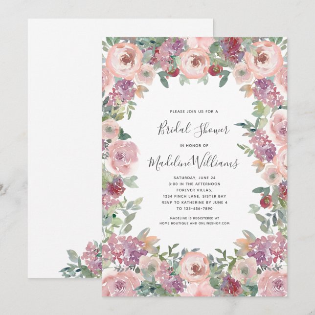 Invitación a ducha de novia de Hydrangea rosas (Anverso / Reverso)