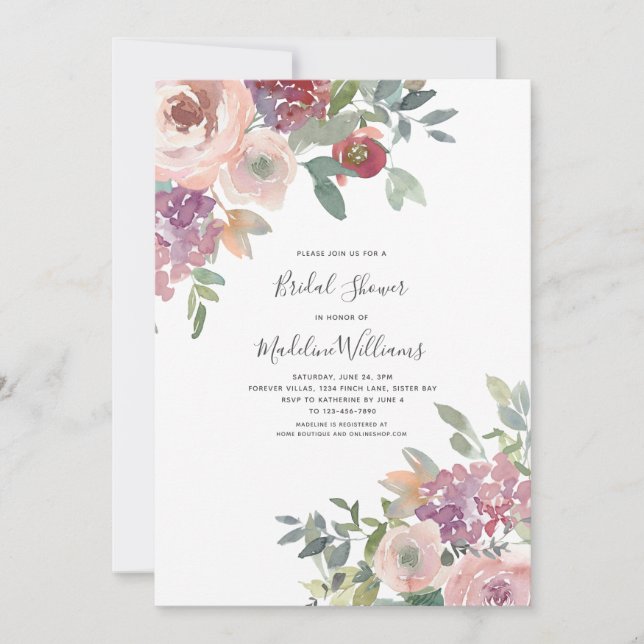 Invitación a ducha de novia de Hydrangea rosas (Anverso)
