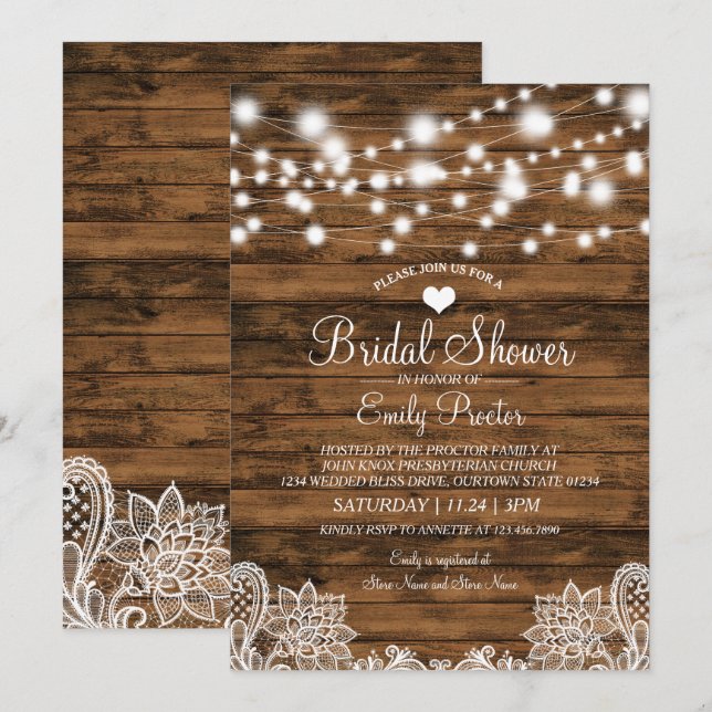 Invitación a ducha de novia de maderas y encajes (Anverso / Reverso)