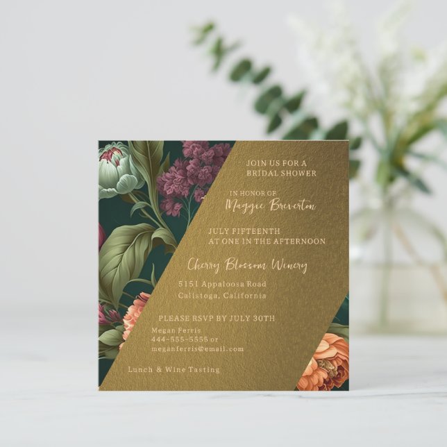 Invitación a ducha de novia de oro de Petales de f (Anverso de pie)