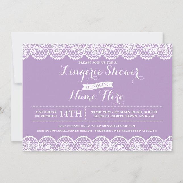 Invitación a ducha de novia de Purple Lace Lingeri (Anverso)
