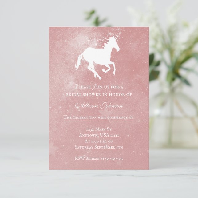 Invitación a ducha de novia de unicornio rosa (Anverso de pie)