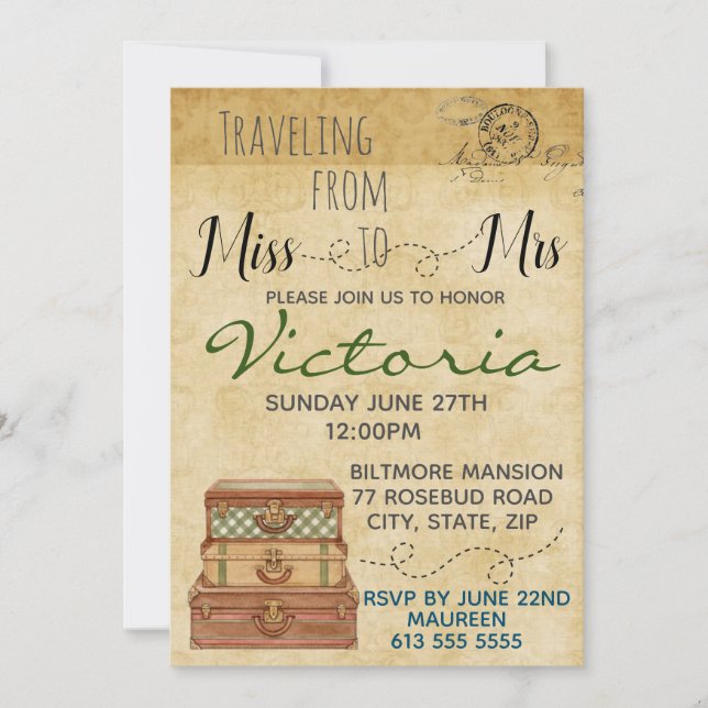 Invitación a ducha de novia de viaje (Anverso)