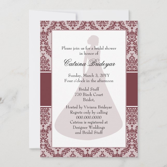 Invitación a ducha de novia de Wine Damask (Anverso)