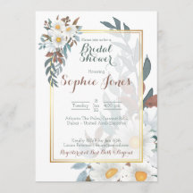 Invitación a ducha de novia dorada floral blanca D
