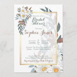 Invitación a ducha de novia dorada floral blanca D
