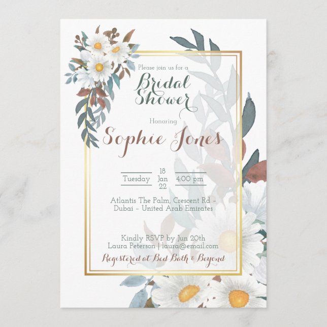 Invitación a ducha de novia dorada floral blanca D (Anverso)