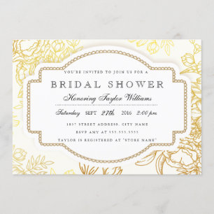 Invitación a ducha de novia dorada vintage floral