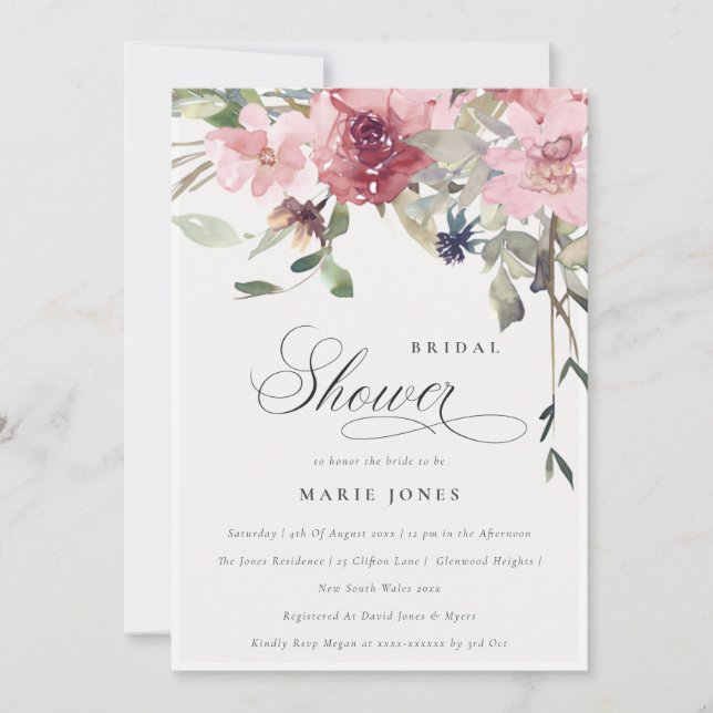 Invitación a ducha de novia Dusky Rubor Rosa flora (Anverso)