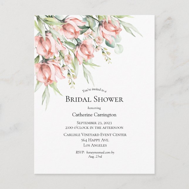 Invitación a ducha de novia elegante con flores ro (Anverso)