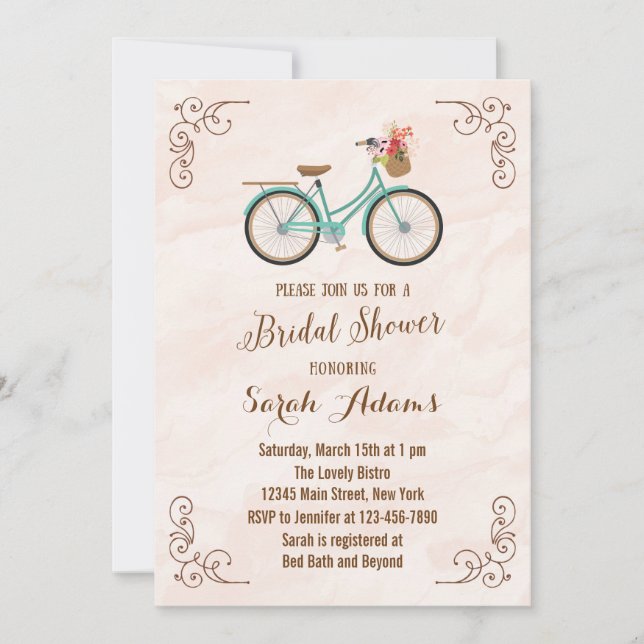 Invitación a ducha de novia en acuarela en bicicle (Anverso)