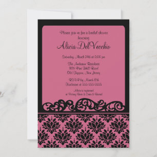 Invitación a ducha de novia en damasco rosa y negr