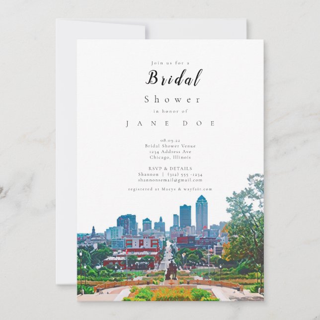Invitación a ducha de novia en el Skyline de Des M (Anverso)