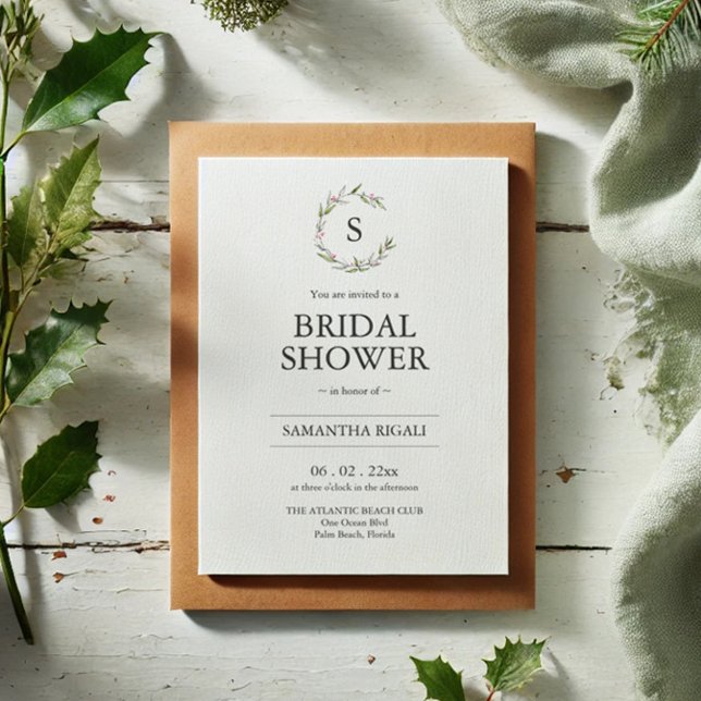 Invitación a ducha de novia en invierno con código (Bridal shower invitations Christmas botanical line art by Victoria Grigaliunas Do Tell A Belle)