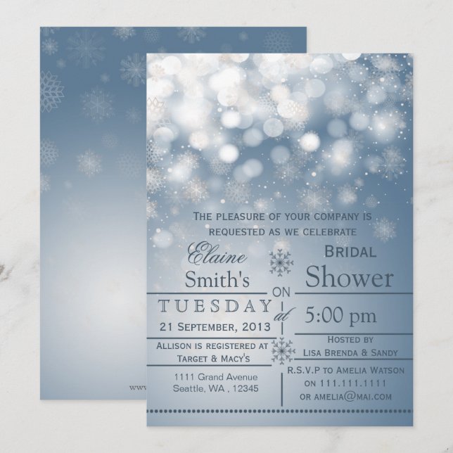 Invitación a ducha de novia en invierno con copos  (Anverso / Reverso)