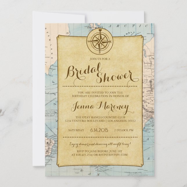 Invitación a ducha de novia en mapa de viajes (Anverso)