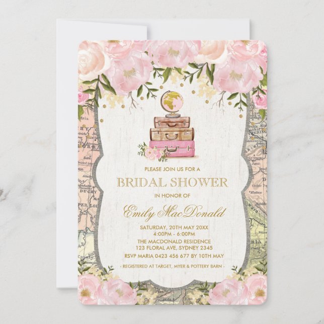 Invitación a ducha de novia en mapa de viajes (Anverso)