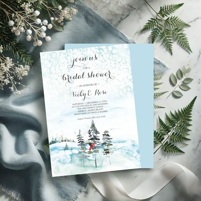 Invitación a ducha de novia evergreen para Navidad (Country bridal shower invitations watercolor pine trees snowy scene cardinal blue)