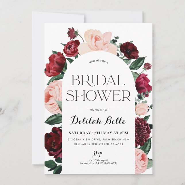 Invitación a ducha de novia floral arca de Borgoña (Anverso)