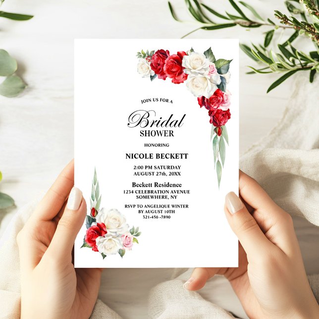 Invitación a ducha de novia floral blanca roja (Subido por el creador)