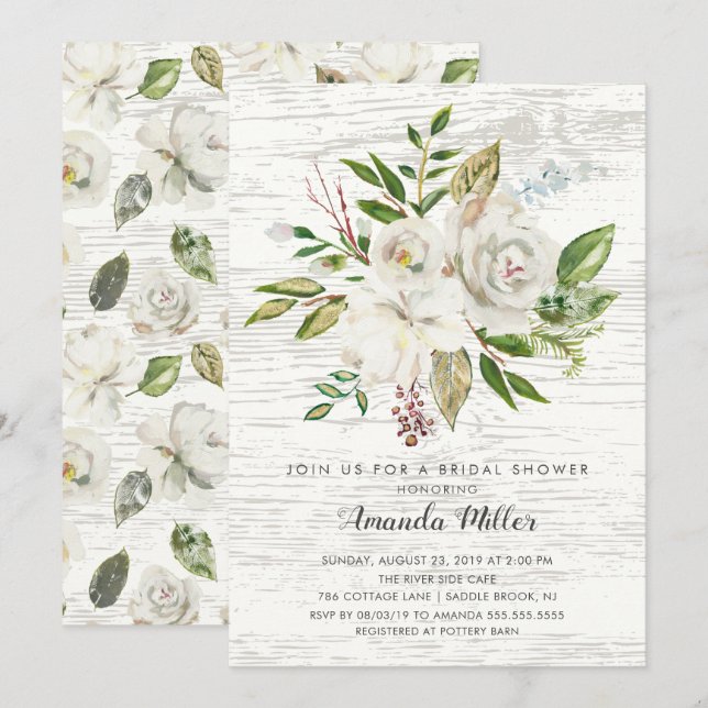 Invitación a ducha de novia floral blanca rústica (Anverso / Reverso)
