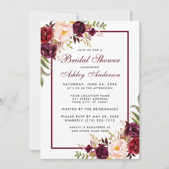 Invitación a ducha de novia floral borgoñona (Anverso)