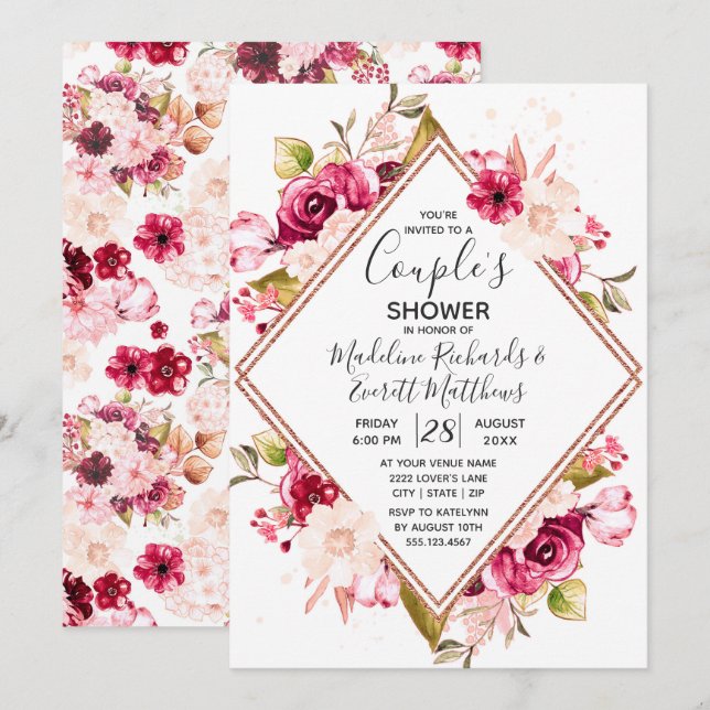Invitación a ducha de novia floral borgoñona (Anverso / Reverso)