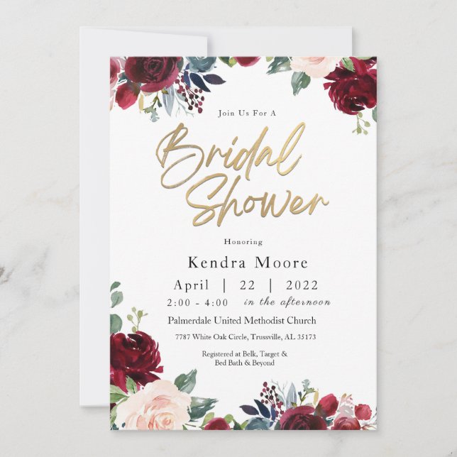 Invitación a ducha de novia floral borgoñona (Anverso)
