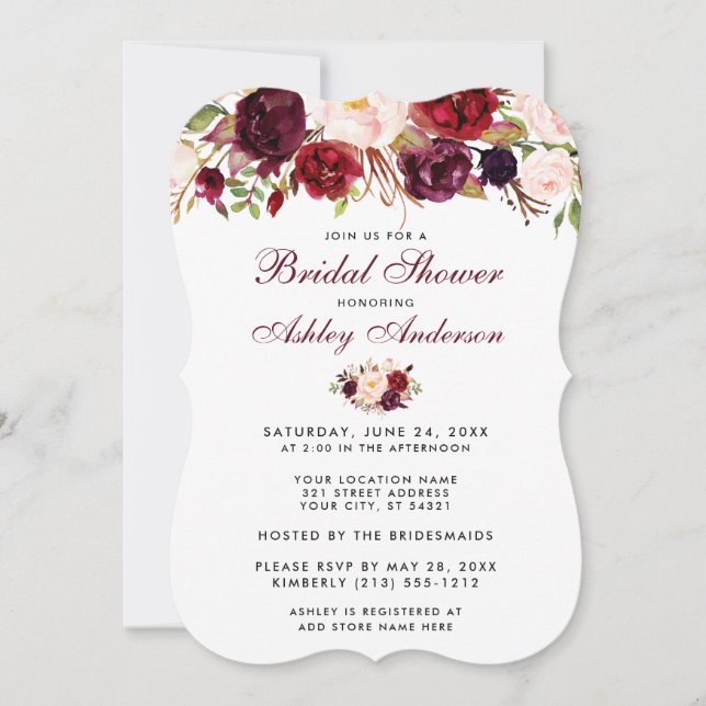 Invitación a ducha de novia floral de Borgoña BR (Anverso)